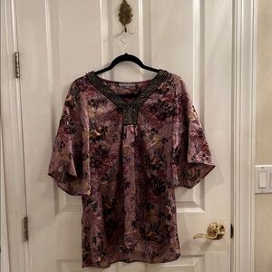 Floral Kimono Sleeve Top with Beaded Neckline
